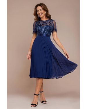 Goddiva Embroidered Top Chiffon Pleated Midi - Blue