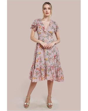 City Goddess Wrap Flutter Sleeve Floral Midi Dress - Pink