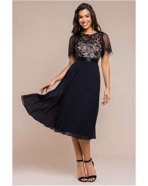 Goddiva Embroidered Top Chiffon Pleated Midi - Black