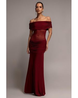 Goddiva Gathered Off The Shoulder Mesh Waist Panel Maxi Dress