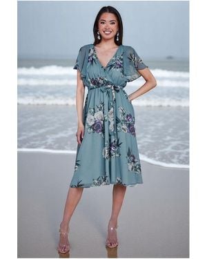 Goddiva Floral Printed Flutter Sleeve Chiffon Midi Dress - Blue