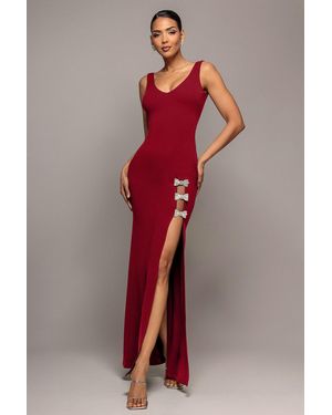 Goddiva Diamante Brooch Thigh Split Mermaid Maxi Dress - Red