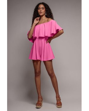 Goddiva Off The Shoulder Frill Neck Skater Romper - Pink