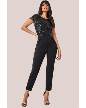 Goddiva Tassel Sequin Jumpsuit - Black