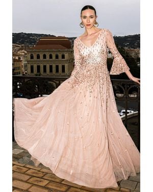 Goddiva Sunray Hand Embellished Sequin A-Line Bell Sleeve Maxi Dress - Natural