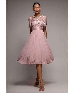 Goddiva Embroidered Top Chiffon Pleated Midi - Pink