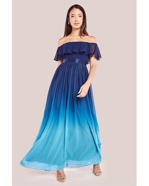 Goddiva Ombre Chiffon Bardot Frill A-Line Maxi Dress - Blue
