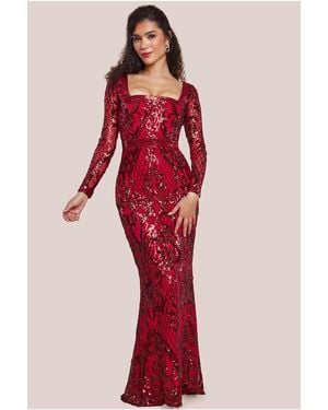 Goddiva Sequin Square Neck Maxi With Scallop Hem - Red