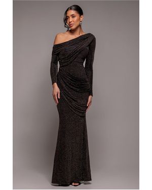 Goddiva Off The Shoulder Gathered Panel Sparkle Lurex Maxi Dress - Black
