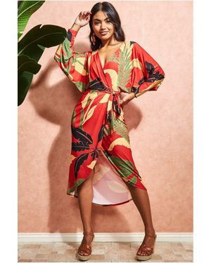 Goddiva Printed Batwing Wrap Midi Dress - Red