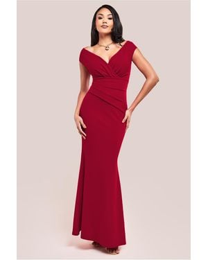 Goddiva Bardot Pleated Maxi Dress - Red