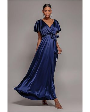 Goddiva Satin Flutter Sleeve Wrap Maxi Dress - Blue