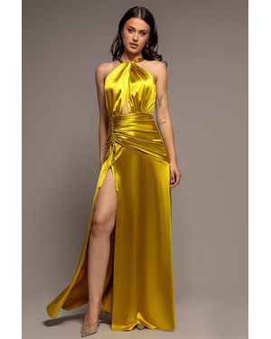 Goddiva Halter Neck Front Split Satin Maxi Dress - Yellow