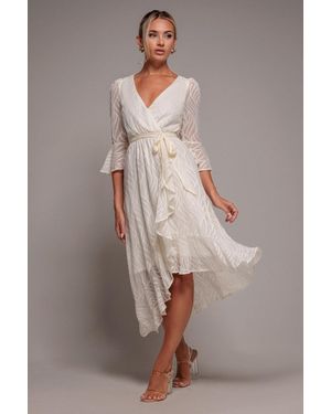 Goddiva Chiffon Geo-Wave Front Frill Wrap Midi Dress - Natural