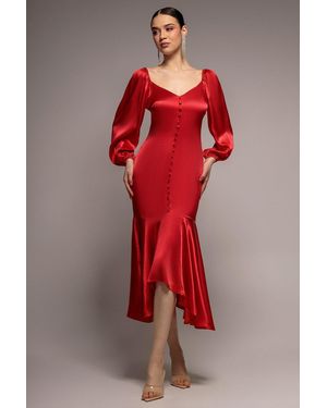 Goddiva Satin Viscose Front Buttoned Dipped Hem Midi - Red