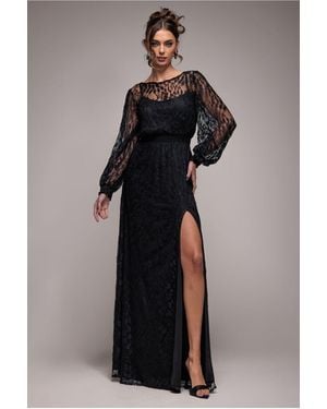 Goddiva Lace Long Sleeve Shirred Waist Maxi Dress - Black