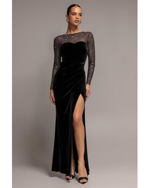 Goddiva Diamante Sleeves Illusion Neck Front Wrap Velvet Maxi Dress - Black