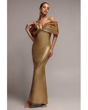 Goddiva Plunge Neck Bardot Foil & Organza Maxi Dress - Brown
