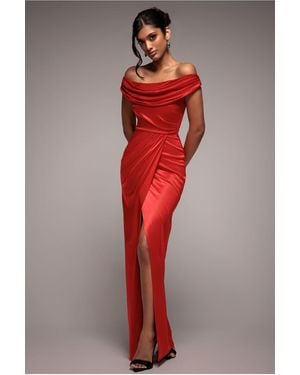 Goddiva Cowl Bardot Satin Twill Maxi Dress - Red