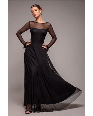 Goddiva Dobby Mesh Feather Sleeve Hem Maxi Dress - Blue