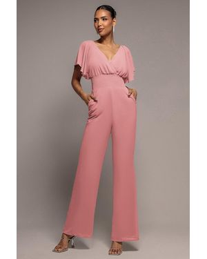 Goddiva Chiffon Jumpsuit With Flutter Sleeves - Pink