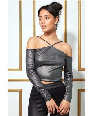Goddiva Metallic Cut Out Crop Top - Grey