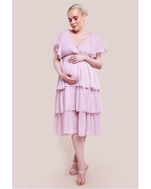 Goddiva Maternity Plain Lurex Chiffon Tiered Midi Dress - Pink