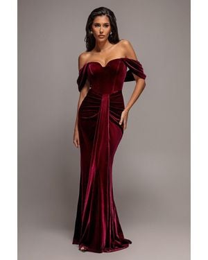 Goddiva Off Shoulder Bardot Draped Velvet Maxi Dress - Red