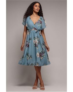 Goddiva Floral Printed Flutter Sleeve Chiffon Midi Dress - Blue