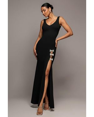 Goddiva Diamante Brooch Thigh Split Mermaid Maxi Dress - Gray