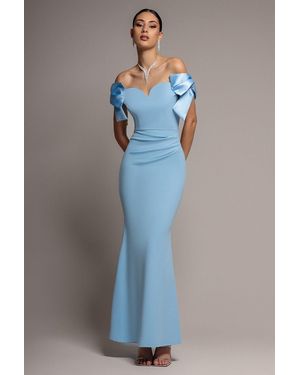 Goddiva Satin Bow Bardot Sheath Maxi Dress - Blue