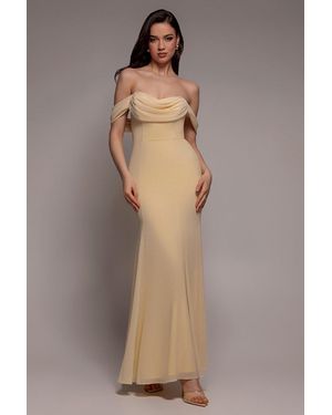 Goddiva Chiffon Bardot Cowl Neck Maxi Dress - Brown