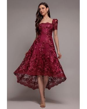 Goddiva Scalloped Neck Embroidered Lace High Low Midi Dress