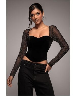 Goddiva Diamante Long Sleeve Velvet Dipped Hem Top - Black