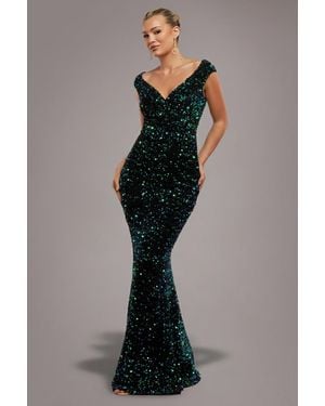 Goddiva Multi Sequin & Velvet Bardot Maxi - Blue