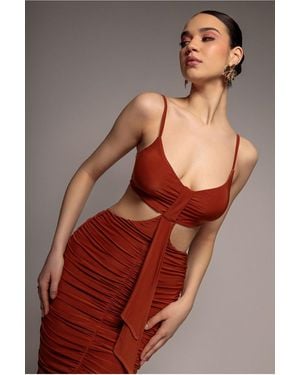 Goddiva Cut Out Ruched Bodycon Midi Dress - Brown