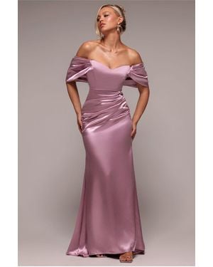 Goddiva Off Shoulder Satin Maxi With V Neck - Pink