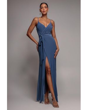 City Goddess Wrap Front Maxi Slip Dress With Waist Tie-Up - Blue