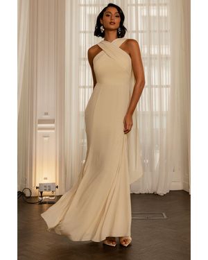 Goddiva Cross Front Scarf Back Chiffon Mermaid Maxi Dress - Natural