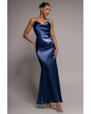 Goddiva Cowl Neck With Strappy Back Satin Maxi - Blue
