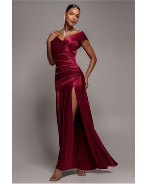 Goddiva Satin Off Shoulder Pleated Maxi Dress - Red