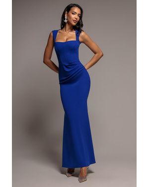 Goddiva Sleeveless Waist Pleated Scuba Crepe Maxi Dress - Blue