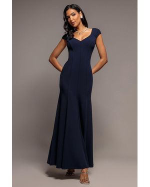 Goddiva Capped Sleeve V Neck Pleated Fit & Flare Maxi Dress - Blue