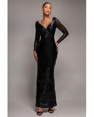 Goddiva Long Sleeve Sequin V Wrap Maxi Dress - Black