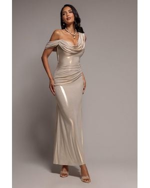 Goddiva Cowl Neck One Shoulder Foil Maxi Dress - Brown