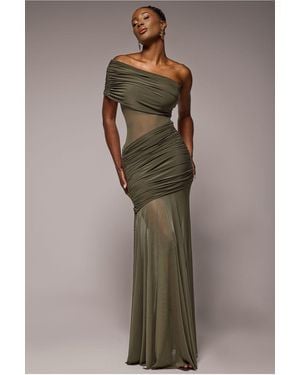 Goddiva Gathered One Shoulder Sheer Panel Maxi Dress - Blue
