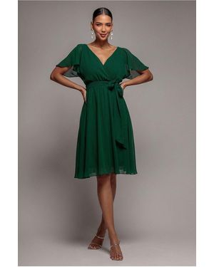 Goddiva Sustainable Flutter Sleeve Chiffon Wrap Midi Dress - Blue