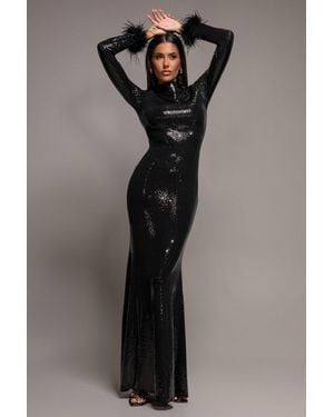 Goddiva High Neck Feather Sleeve Sequin Maxi Dress - Gray