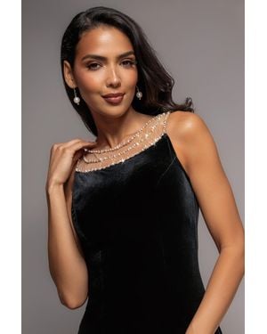Goddiva Pearl Diamante Neck Velvet Maxi Dress - Black