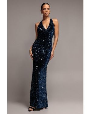 Goddiva Sequin & Velvet V Neck Cross Back Maxi Dress - Blue